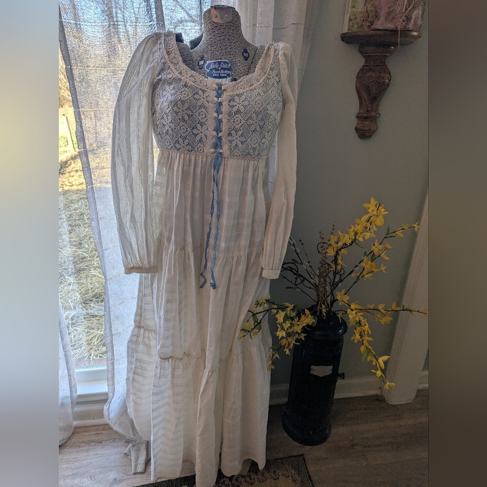SOLD White Lace Maxi Dress With Blue Ribbon And Bodice Lining